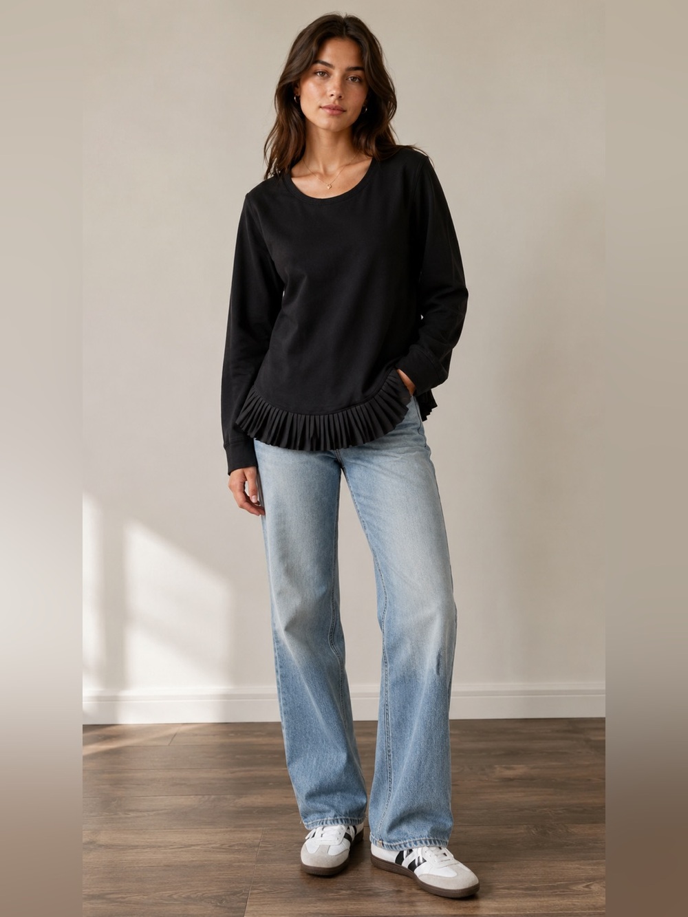 J.Crew Black Ruffle Hem Sweatshirt Long Sleeve Cozy Relaxed Fit Top